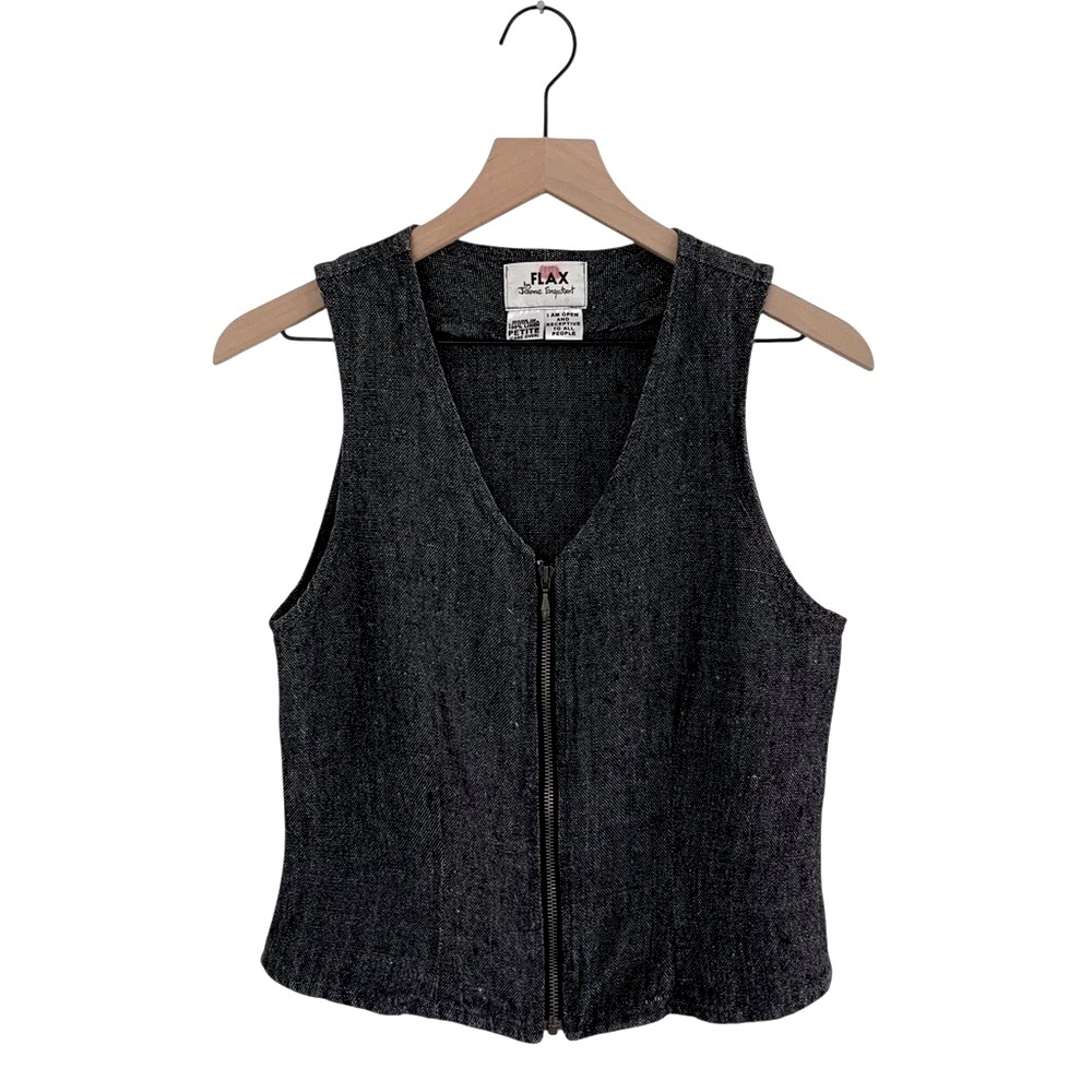 🇱🇹 Flax Charcoal 100% Linen Zippered Vest (Boho Festival Goth Indie Lagen Punk)